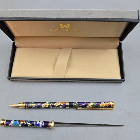 Vintage Cloisonne Pen & Letter Opener Refillable Set in Original Box NIB - Picture 1 of 5
